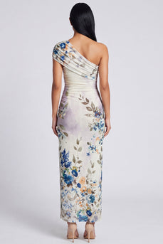Elfenbeinfarbenes Blumen-Maxikleid mit einer Schulter