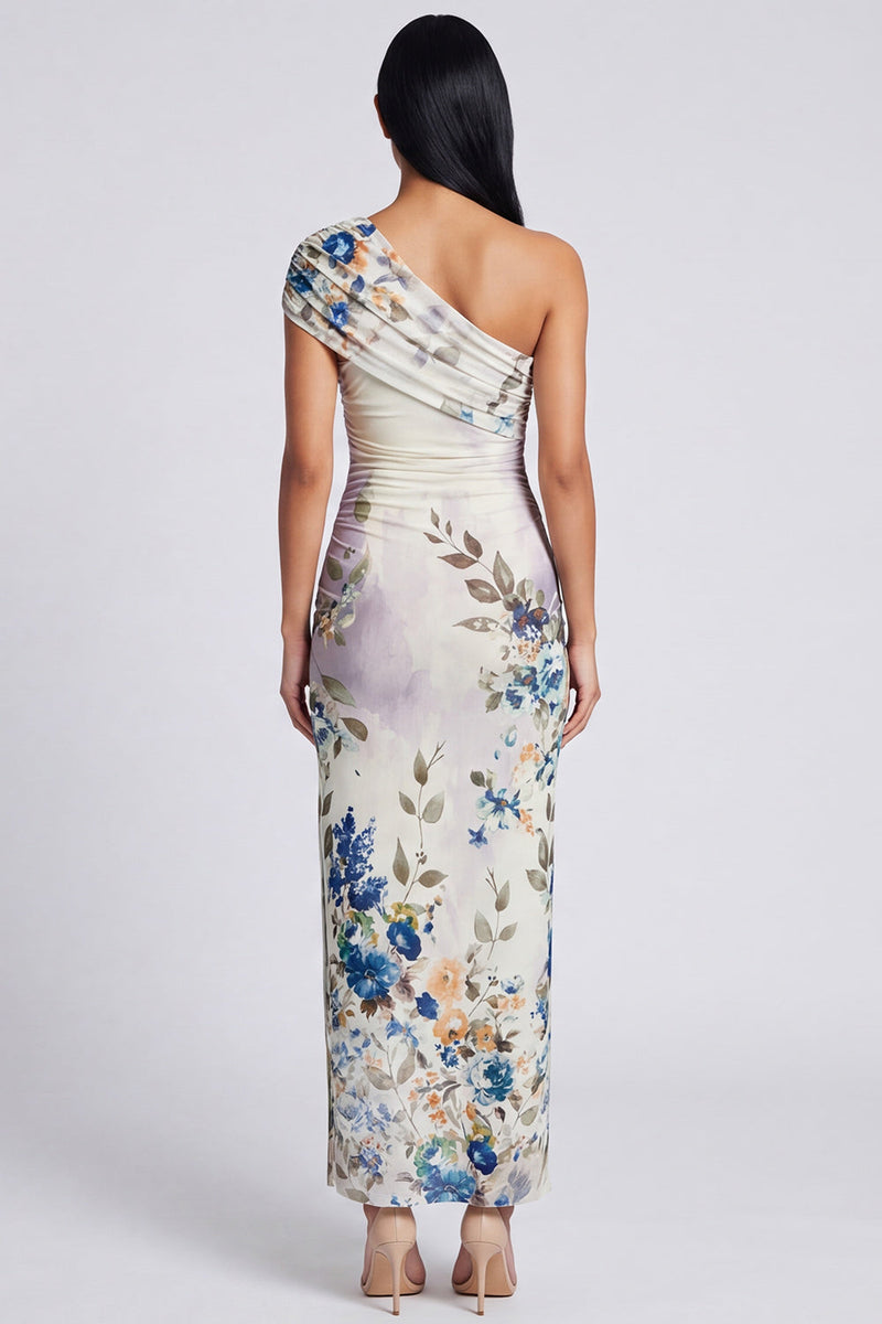 Laden Sie das Bild in den Galerie-Viewer, Elfenbeinfarbenes Blumen-Maxikleid mit einer Schulter