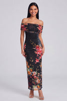 Laden Sie das Bild in den Galerie-Viewer, Elfenbeinfarbenes Floral-Off-the-Shoulder-Sheath-Maxikleid