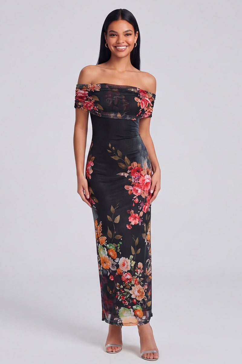 Laden Sie das Bild in den Galerie-Viewer, Elfenbeinfarbenes Floral-Off-the-Shoulder-Sheath-Maxikleid