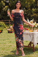 Laden Sie das Bild in den Galerie-Viewer, Elfenbeinfarbenes Floral-Off-the-Shoulder-Sheath-Maxikleid
