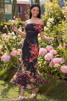 Laden Sie das Bild in den Galerie-Viewer, Elfenbeinfarbenes Floral-Off-the-Shoulder-Sheath-Maxikleid