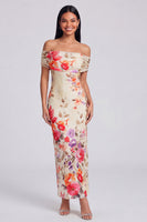 Laden Sie das Bild in den Galerie-Viewer, Elfenbeinfarbenes Floral-Off-the-Shoulder-Sheath-Maxikleid