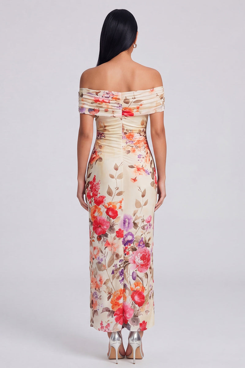 Laden Sie das Bild in den Galerie-Viewer, Elfenbeinfarbenes Floral-Off-the-Shoulder-Sheath-Maxikleid