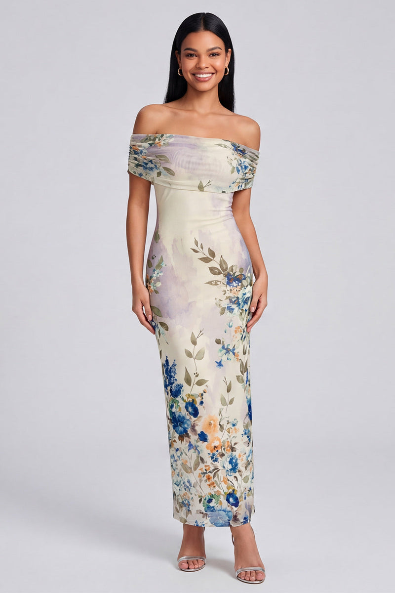 Laden Sie das Bild in den Galerie-Viewer, Elfenbeinfarbenes Floral-Off-the-Shoulder-Sheath-Maxikleid