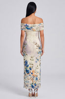 Laden Sie das Bild in den Galerie-Viewer, Elfenbeinfarbenes Floral-Off-the-Shoulder-Sheath-Maxikleid