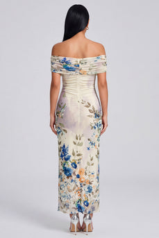 Elfenbeinfarbenes Floral-Off-the-Shoulder-Sheath-Maxikleid