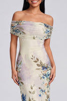 Laden Sie das Bild in den Galerie-Viewer, Elfenbeinfarbenes Floral-Off-the-Shoulder-Sheath-Maxikleid
