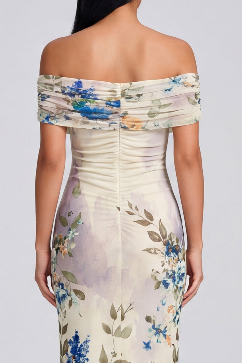 Laden Sie das Bild in den Galerie-Viewer, Elfenbeinfarbenes Floral-Off-the-Shoulder-Sheath-Maxikleid