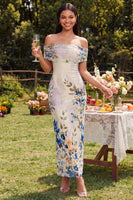 Laden Sie das Bild in den Galerie-Viewer, Elfenbeinfarbenes Floral-Off-the-Shoulder-Sheath-Maxikleid