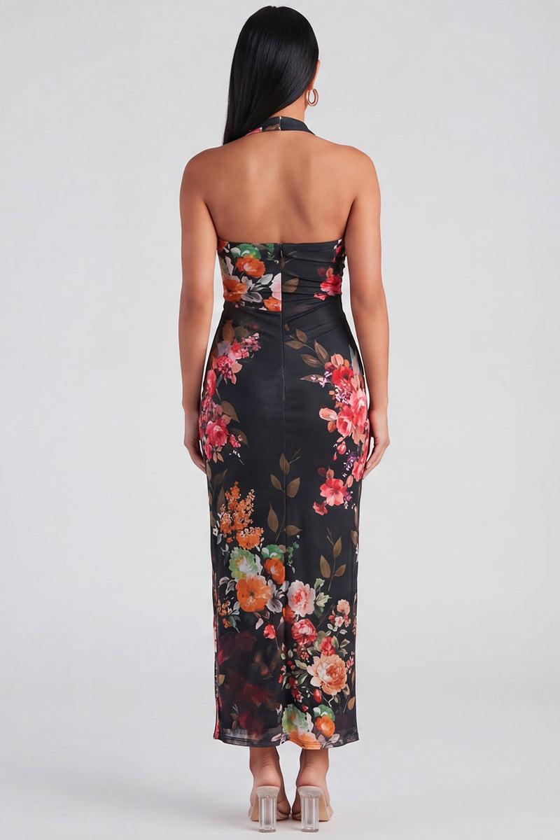 Laden Sie das Bild in den Galerie-Viewer, Halter-Champagner-Neckholder-Scheide Maxi-Blumenkleid