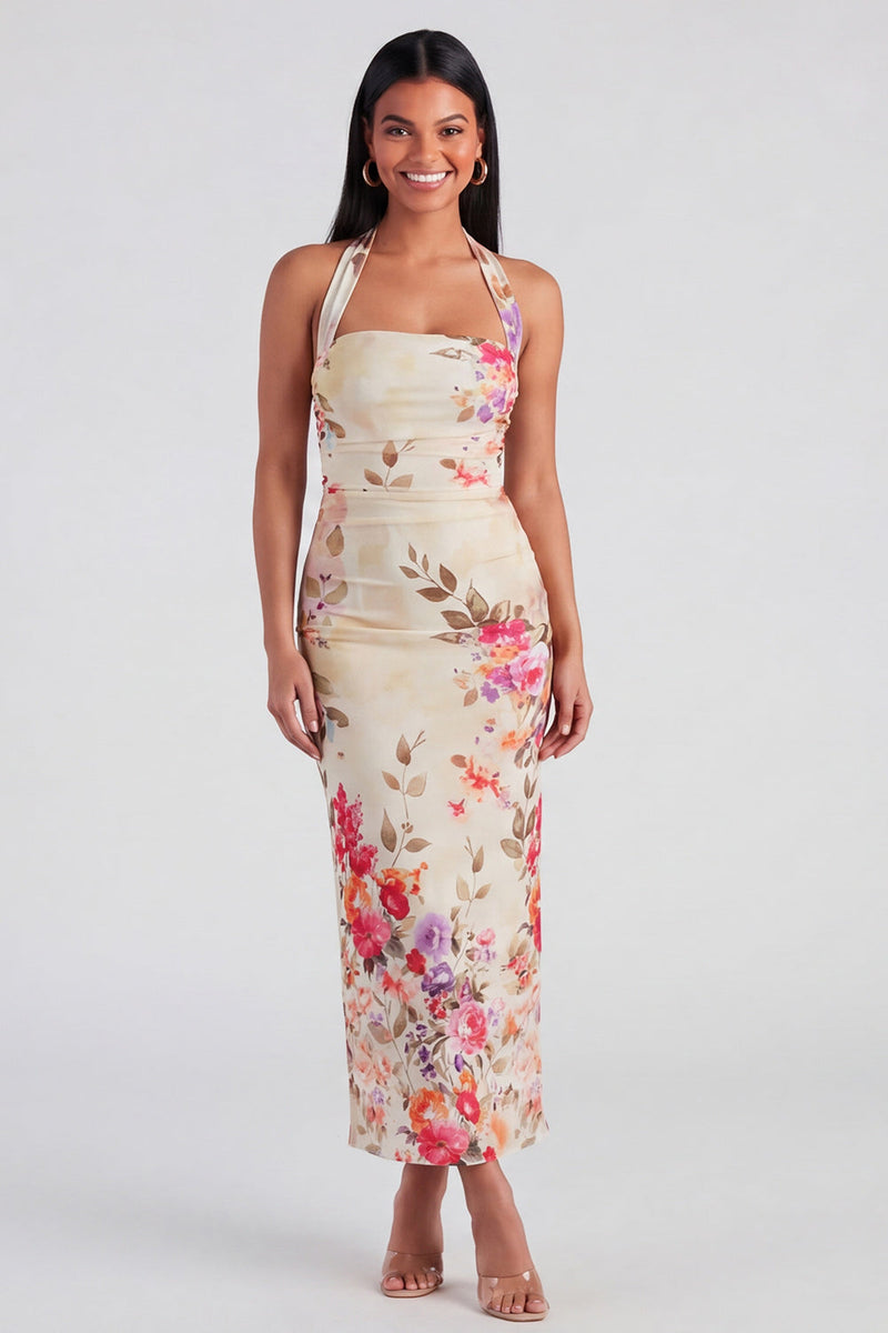 Laden Sie das Bild in den Galerie-Viewer, Halter-Champagner-Neckholder-Scheide Maxi-Blumenkleid