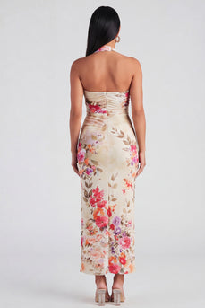 Halter-Champagner-Neckholder-Scheide Maxi-Blumenkleid