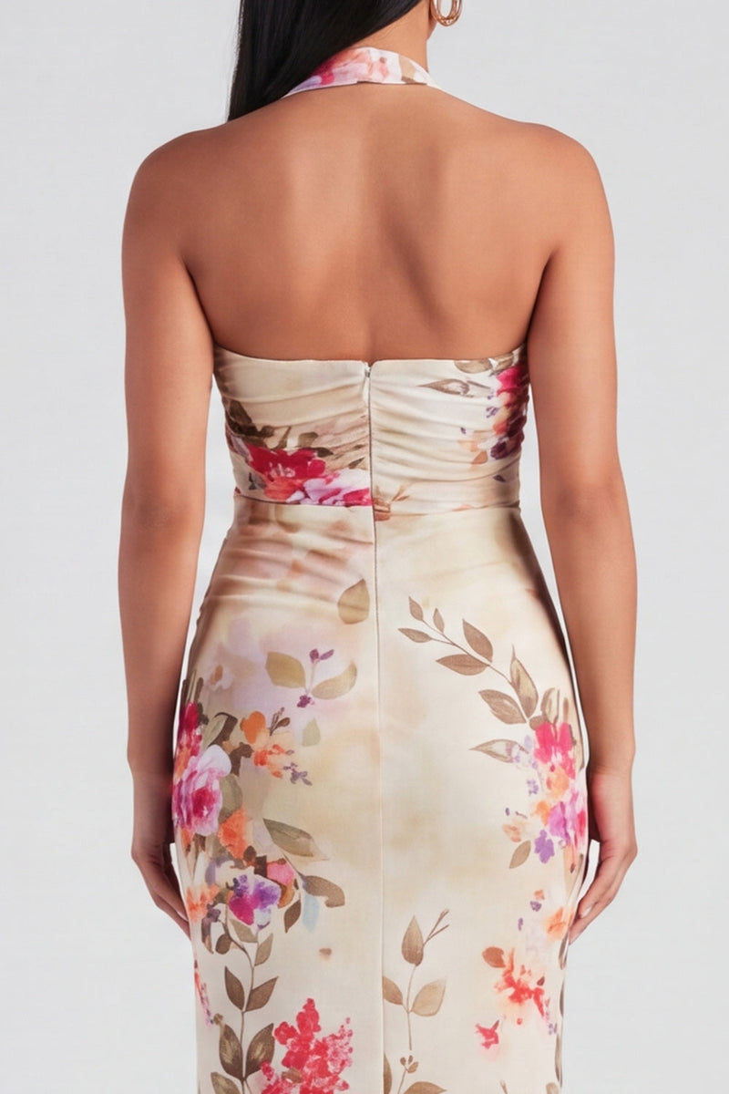 Laden Sie das Bild in den Galerie-Viewer, Halter-Champagner-Neckholder-Scheide Maxi-Blumenkleid