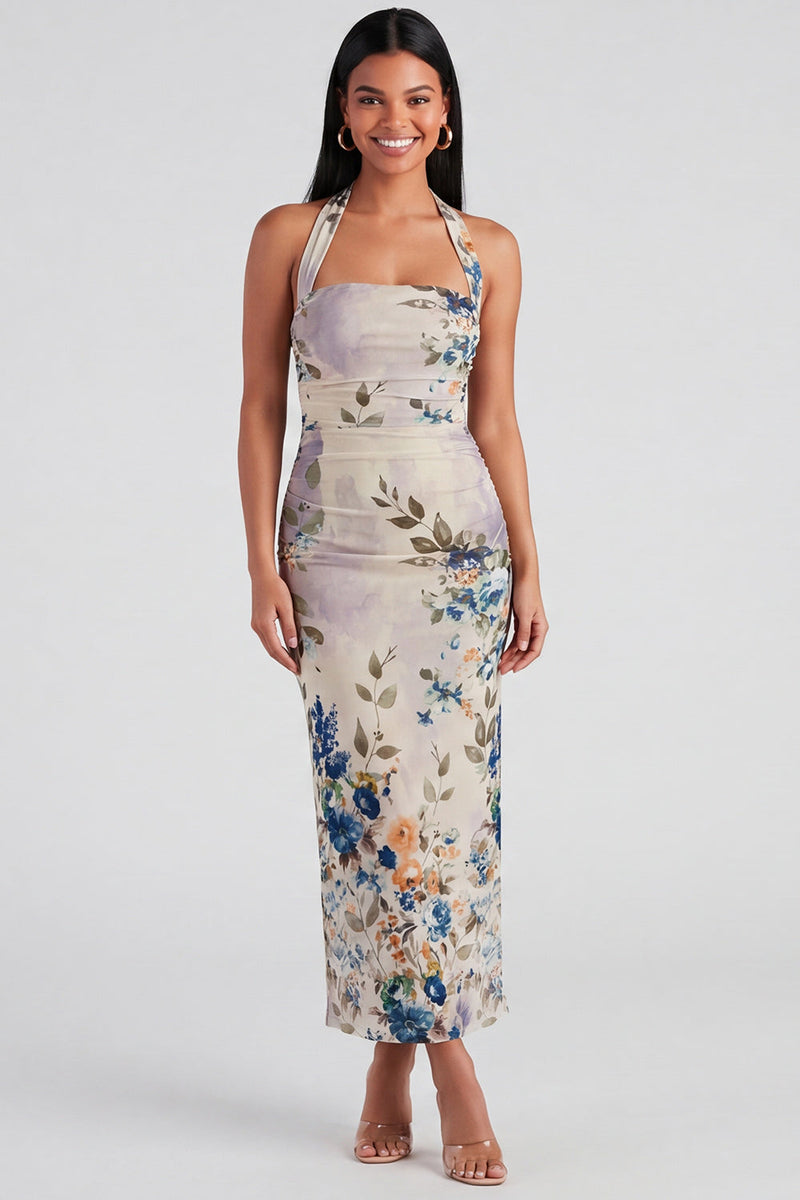 Laden Sie das Bild in den Galerie-Viewer, Halter-Champagner-Neckholder-Scheide Maxi-Blumenkleid