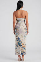 Laden Sie das Bild in den Galerie-Viewer, Halter-Champagner-Neckholder-Scheide Maxi-Blumenkleid