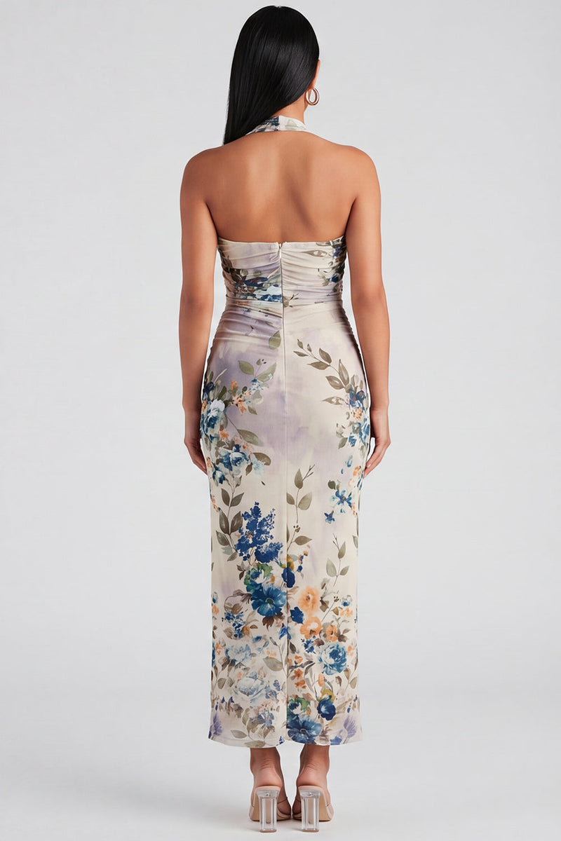 Laden Sie das Bild in den Galerie-Viewer, Halter-Champagner-Neckholder-Scheide Maxi-Blumenkleid