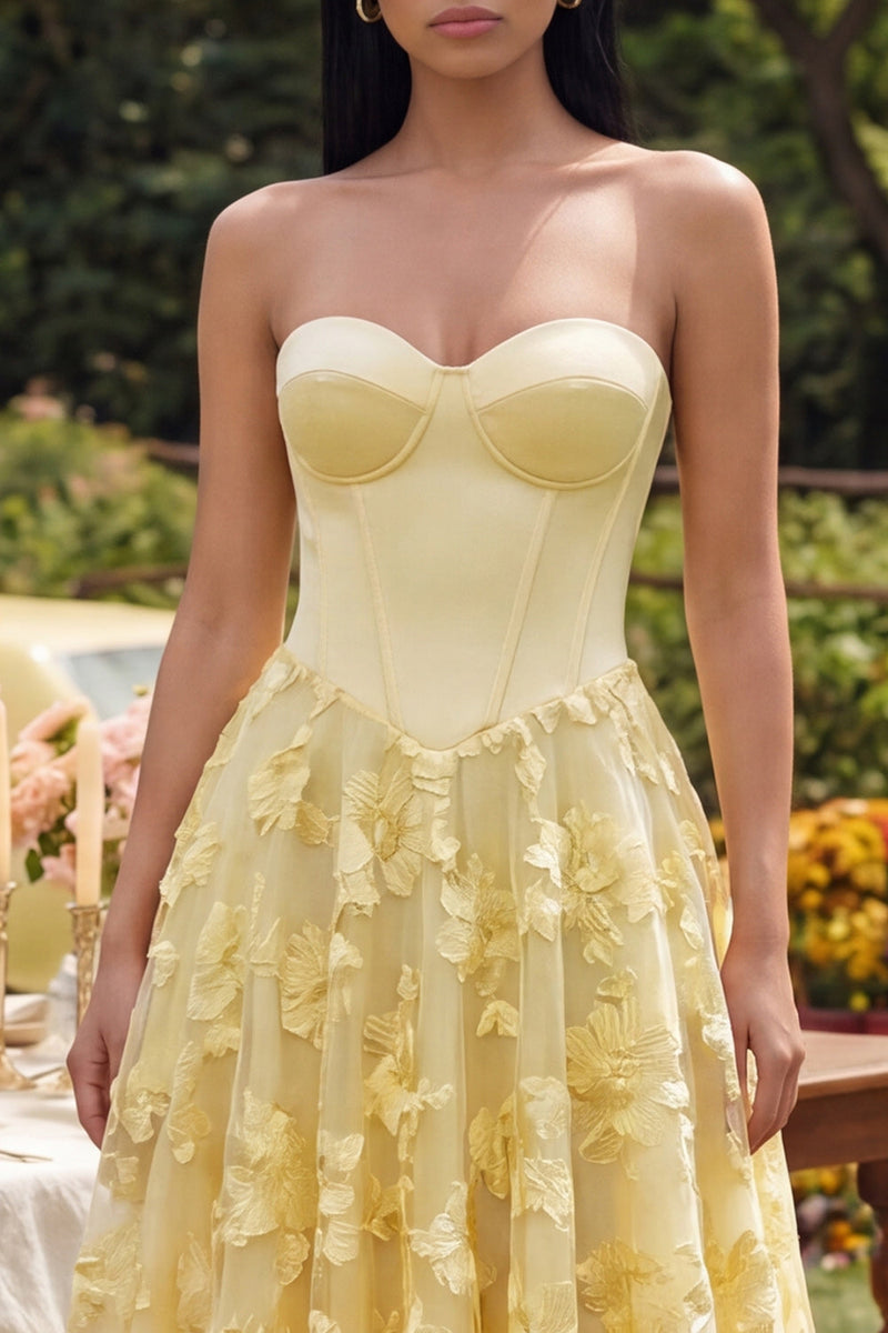 Laden Sie das Bild in den Galerie-Viewer, Trägerloses gelbes Blumen-A-Linie-Midi-Kleid