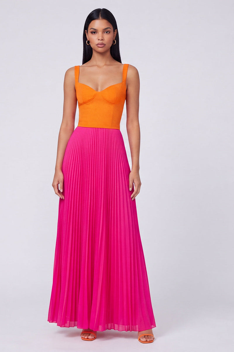 Laden Sie das Bild in den Galerie-Viewer, Orange-Fuchsia A-Linie plissiertes Maxikleid
