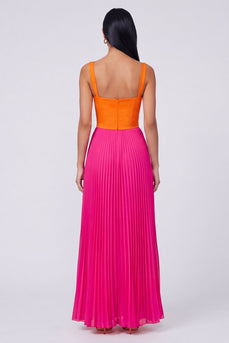 Orange-Fuchsia A-Linie plissiertes Maxikleid