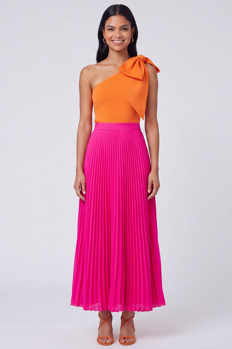 Laden Sie das Bild in den Galerie-Viewer, Ein Schulter-Orange-Fuchsia-Falten-Maxikleid mit Falten und Schleife