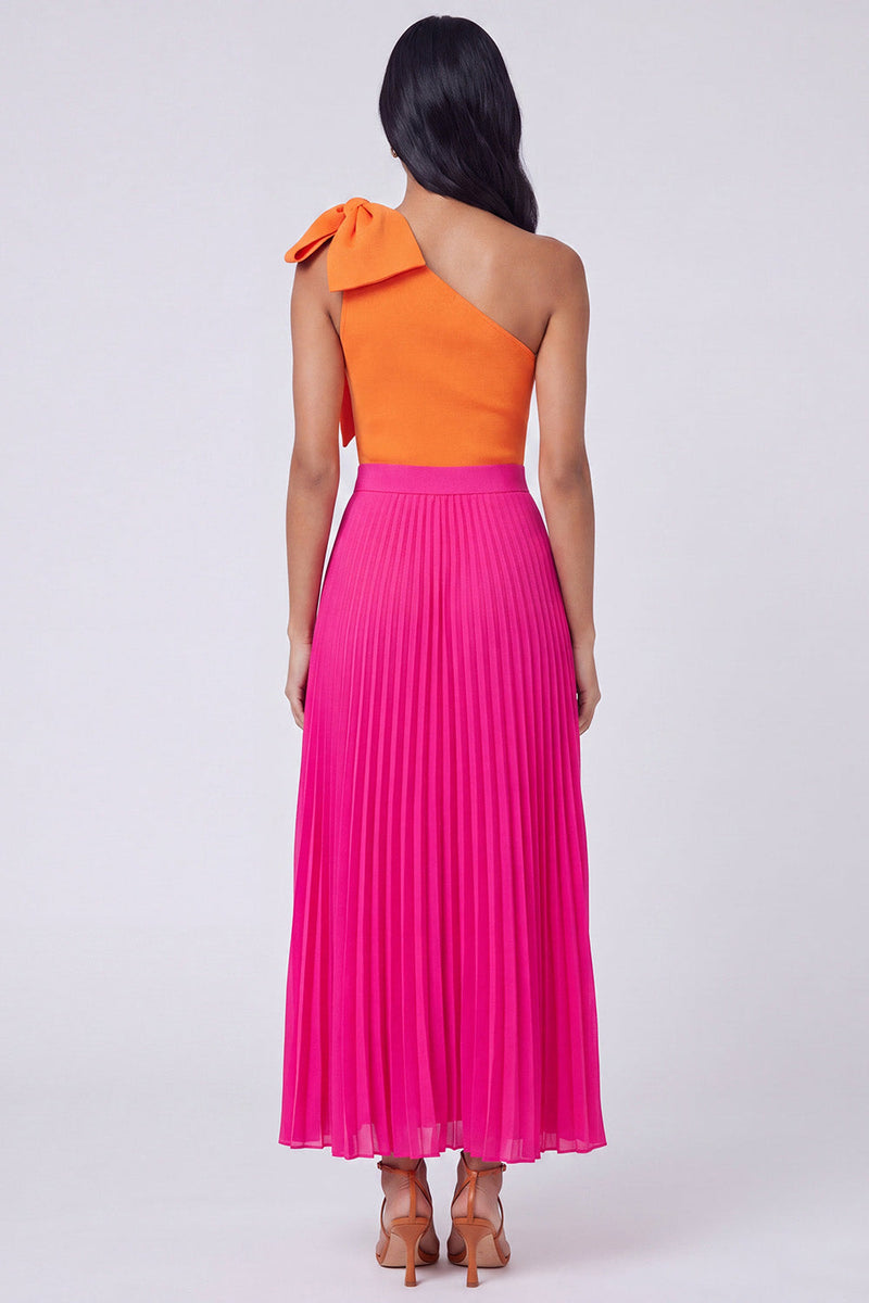 Laden Sie das Bild in den Galerie-Viewer, Ein Schulter-Orange-Fuchsia-Falten-Maxikleid mit Falten und Schleife