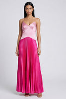 Laden Sie das Bild in den Galerie-Viewer, Satinrosa und Fuchsia A-Linie Spaghettiträger geplissiertes Maxikleid