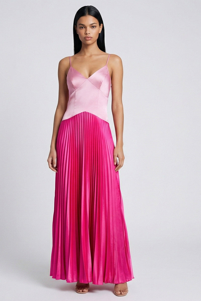 Laden Sie das Bild in den Galerie-Viewer, Satinrosa und Fuchsia A-Linie Spaghettiträger geplissiertes Maxikleid