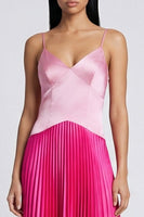 Laden Sie das Bild in den Galerie-Viewer, Satinrosa und Fuchsia A-Linie Spaghettiträger geplissiertes Maxikleid