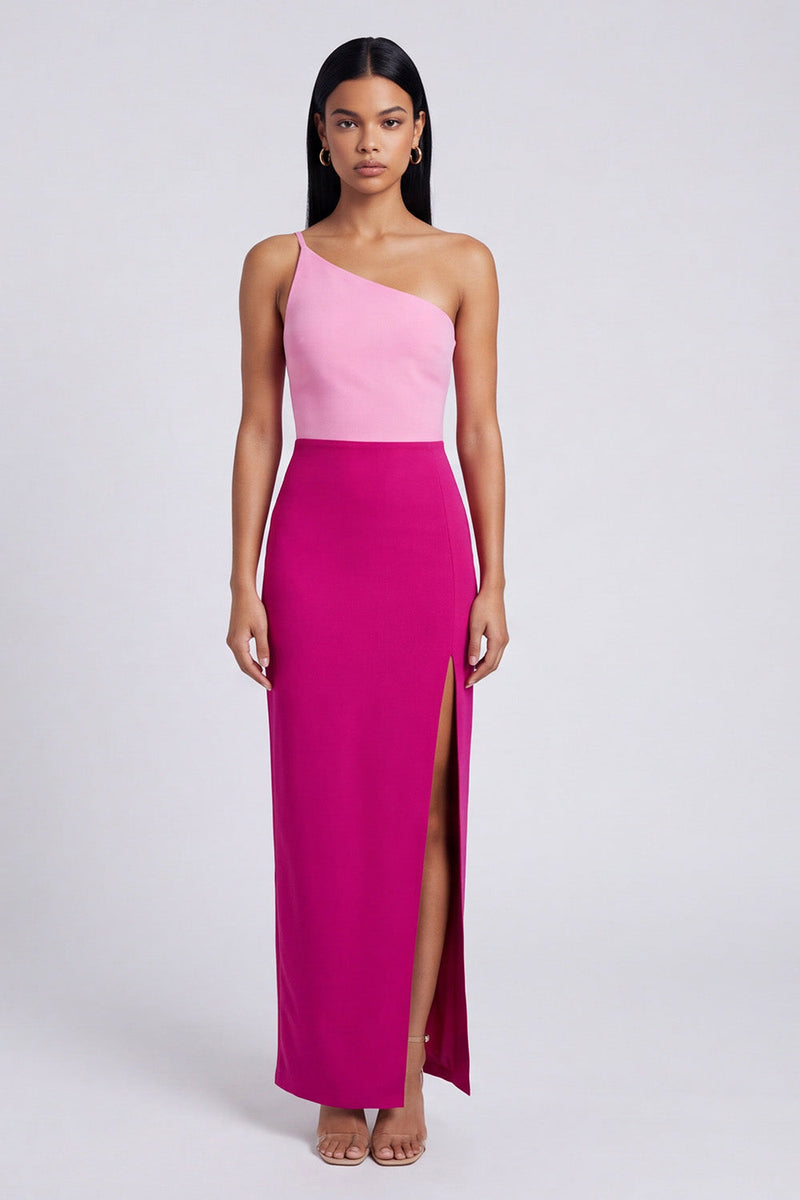 Laden Sie das Bild in den Galerie-Viewer, Rosa und Fuchsia Samt-Bodycon Maxi-Kleid mit ein-Schulter Bodycon Maxi mit Schlitz