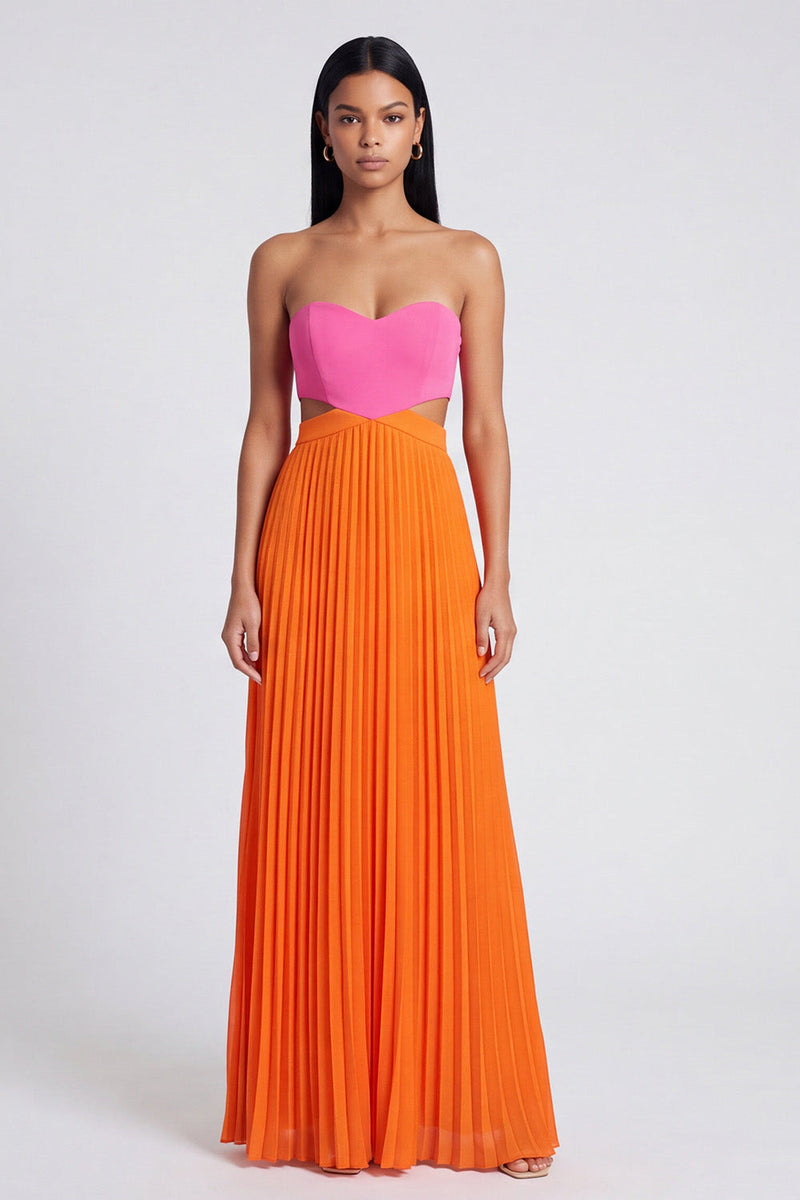 Laden Sie das Bild in den Galerie-Viewer, A-Linie pink-orange-Sweetheart plissiertes Maxi-Kleid