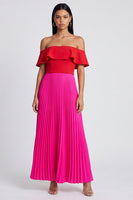 Laden Sie das Bild in den Galerie-Viewer, Off-the-shoulder A-Linie fuchsiafarbenes und rot plissiertes Maxikleid mit Rüschen