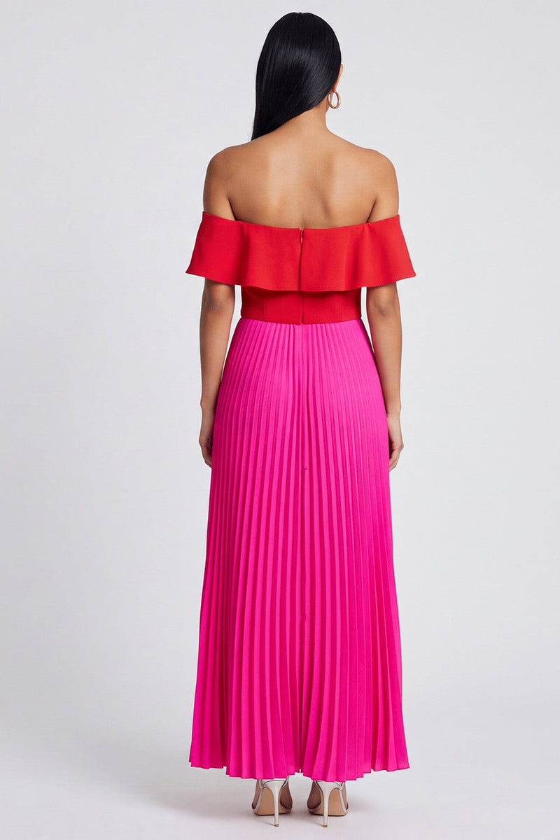 Laden Sie das Bild in den Galerie-Viewer, Off-the-shoulder A-Linie fuchsiafarbenes und rot plissiertes Maxikleid mit Rüschen