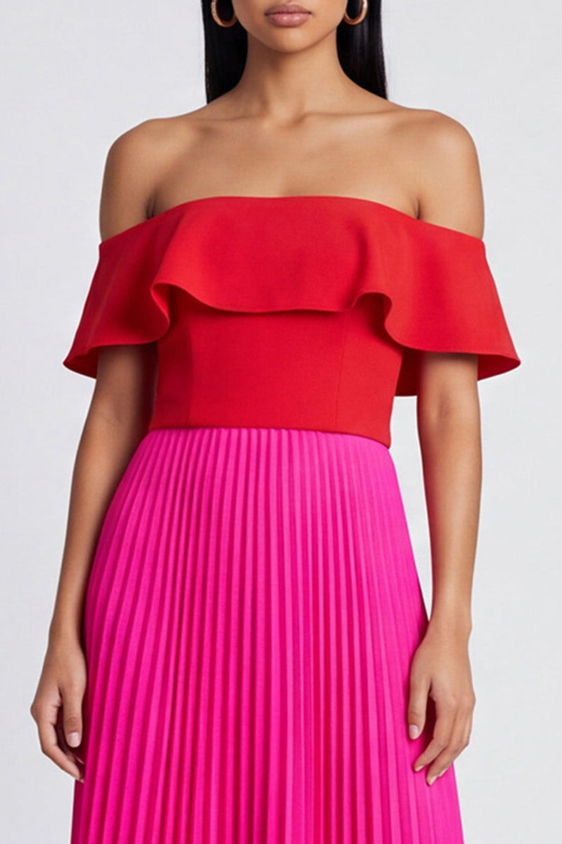Laden Sie das Bild in den Galerie-Viewer, Off-the-shoulder A-Linie fuchsiafarbenes und rot plissiertes Maxikleid mit Rüschen