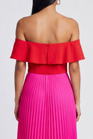 Laden Sie das Bild in den Galerie-Viewer, Off-the-shoulder A-Linie fuchsiafarbenes und rot plissiertes Maxikleid mit Rüschen