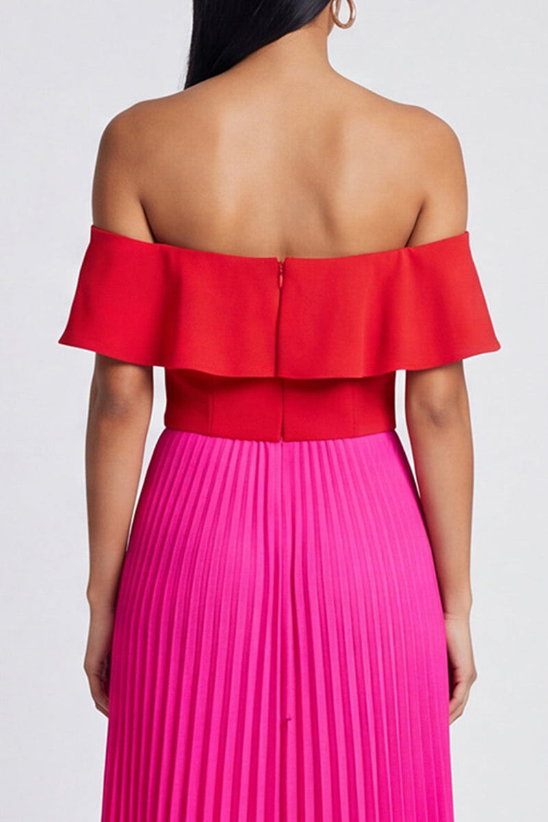 Laden Sie das Bild in den Galerie-Viewer, Off-the-shoulder A-Linie fuchsiafarbenes und rot plissiertes Maxikleid mit Rüschen
