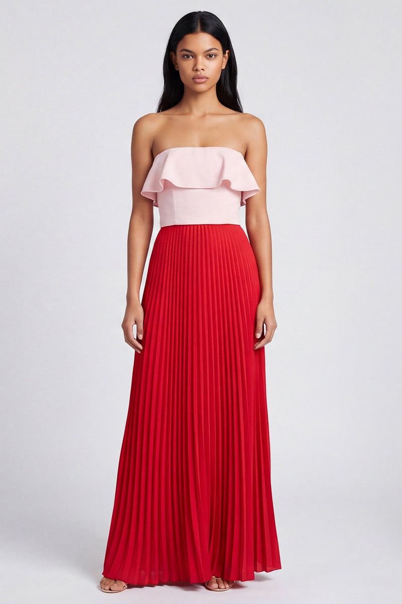 Laden Sie das Bild in den Galerie-Viewer, Off-the-shoulder A-Linie rosa und rotes plissiertes Maxikleid mit Rüschen