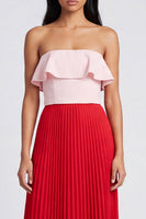 Laden Sie das Bild in den Galerie-Viewer, Off-the-shoulder A-Linie rosa und rotes plissiertes Maxikleid mit Rüschen