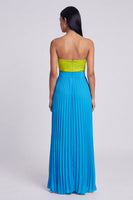 Laden Sie das Bild in den Galerie-Viewer, Sweetheart A-Linie grünes und blaues plissiertes Maxikleid mit Schleife