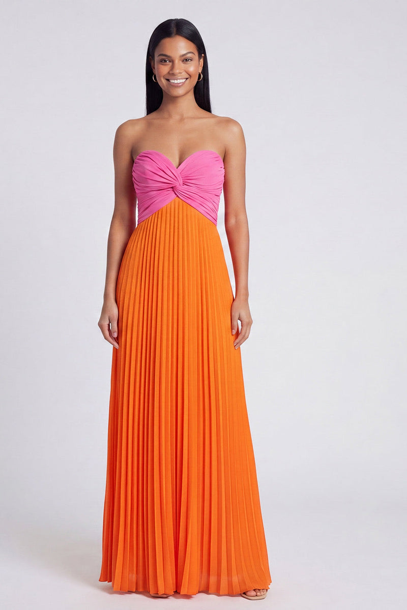 Laden Sie das Bild in den Galerie-Viewer, A-Linie rosa und orangefarbenes Sweetheart Plissiertes Maxikleid mit Schleife