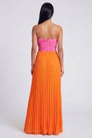 Laden Sie das Bild in den Galerie-Viewer, A-Linie rosa und orangefarbenes Sweetheart Plissiertes Maxikleid mit Schleife