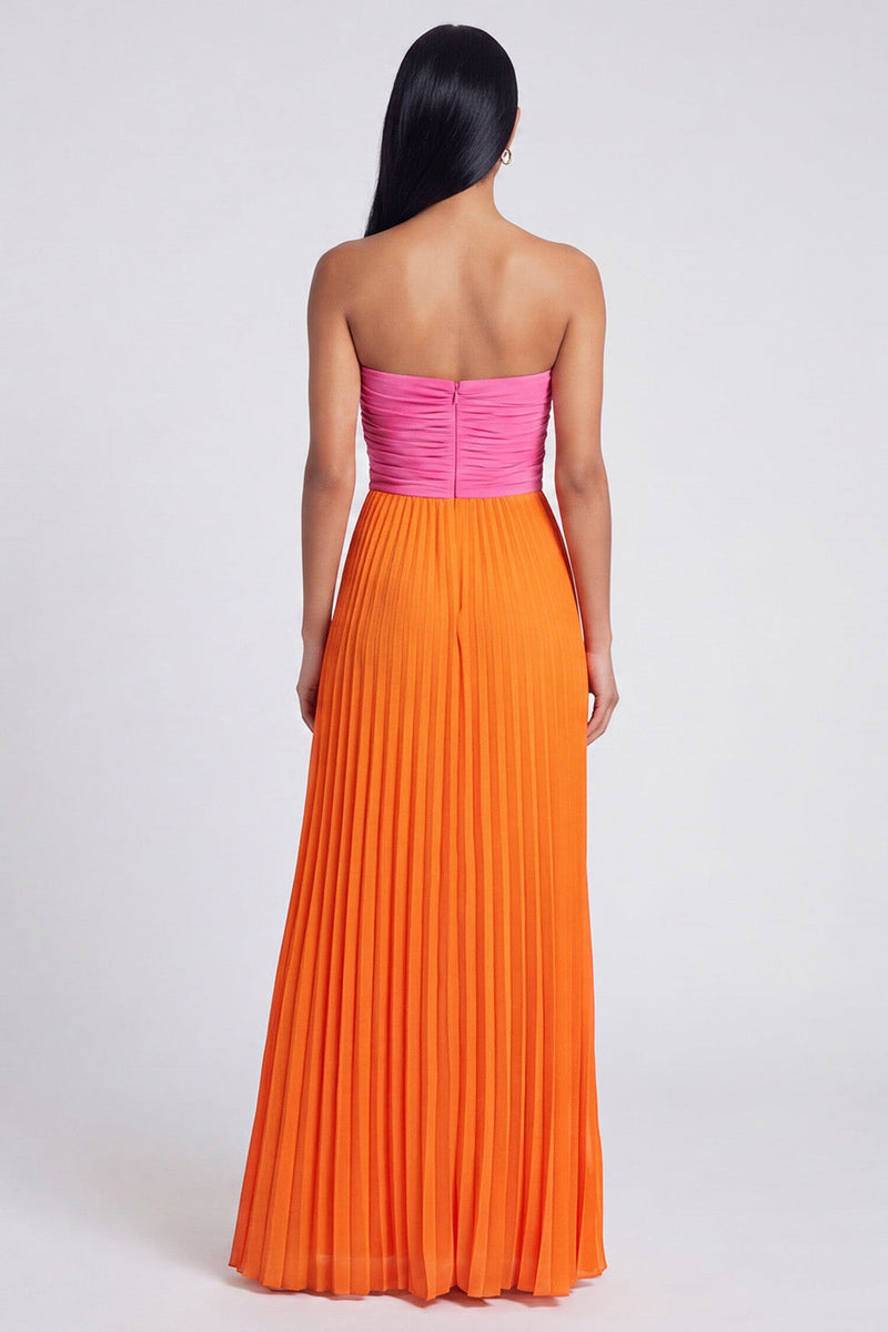 Laden Sie das Bild in den Galerie-Viewer, A-Linie rosa und orangefarbenes Sweetheart Plissiertes Maxikleid mit Schleife