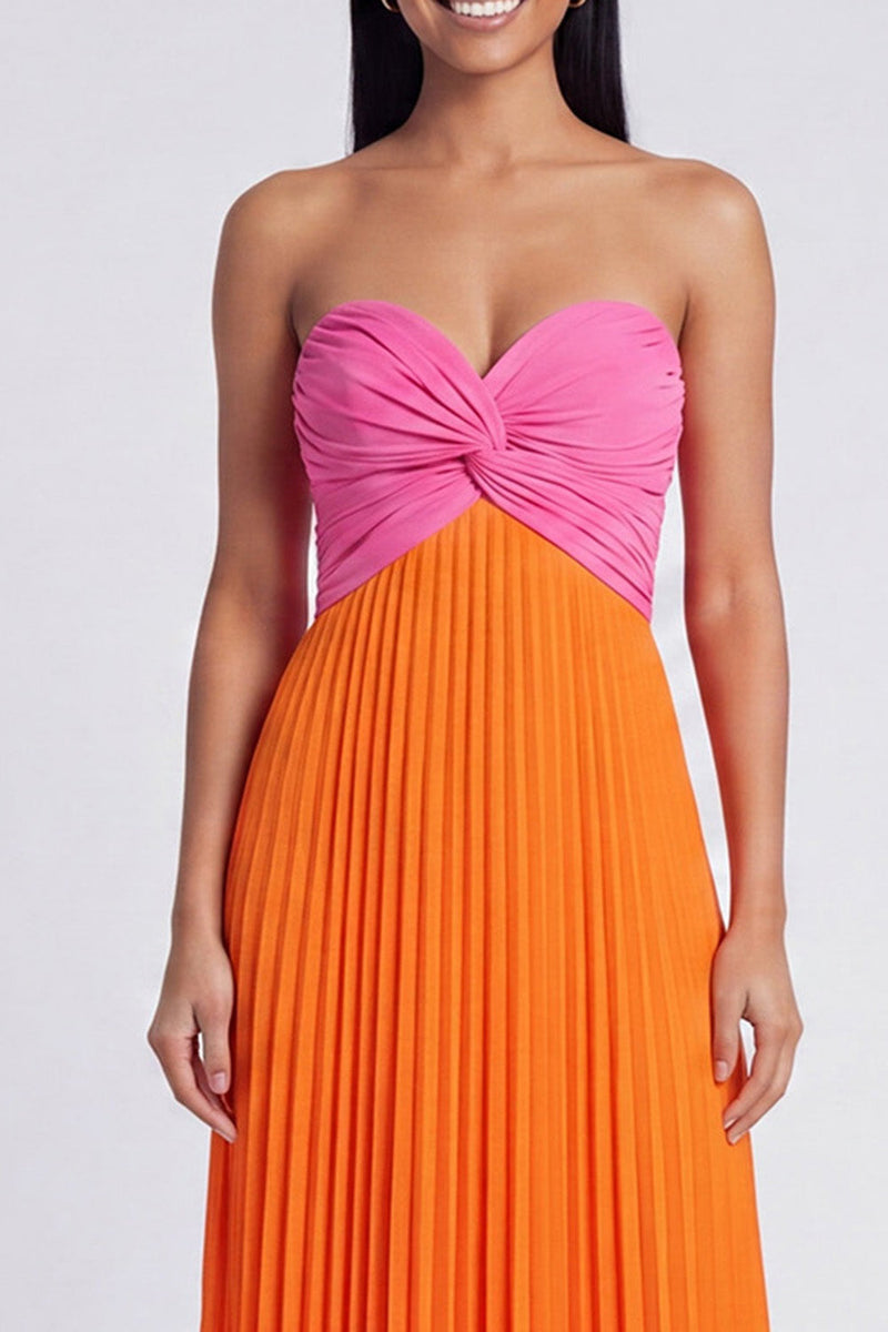 Laden Sie das Bild in den Galerie-Viewer, A-Linie rosa und orangefarbenes Sweetheart Plissiertes Maxikleid mit Schleife
