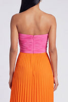 Laden Sie das Bild in den Galerie-Viewer, A-Linie rosa und orangefarbenes Sweetheart Plissiertes Maxikleid mit Schleife