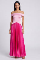 Laden Sie das Bild in den Galerie-Viewer, A-Linie Satinrosa und Fuchsia Off-the-shoulder plissiertes Maxikleid