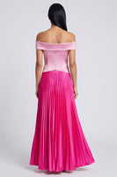 Laden Sie das Bild in den Galerie-Viewer, A-Linie Satinrosa und Fuchsia Off-the-shoulder plissiertes Maxikleid