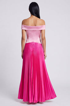 A-Linie Satinrosa und Fuchsia Off-the-shoulder plissiertes Maxikleid