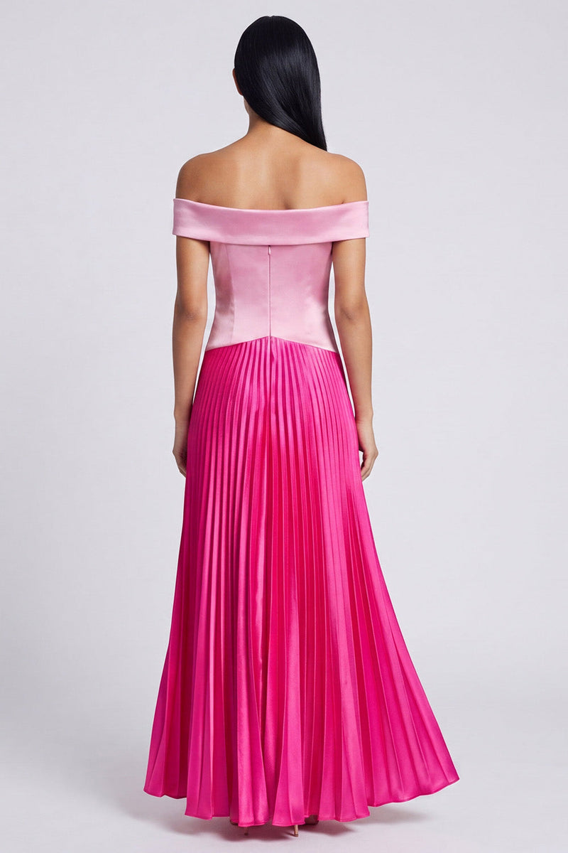 Laden Sie das Bild in den Galerie-Viewer, A-Linie Satinrosa und Fuchsia Off-the-shoulder plissiertes Maxikleid