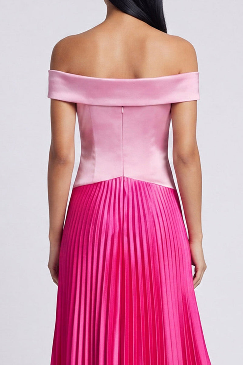 Laden Sie das Bild in den Galerie-Viewer, A-Linie Satinrosa und Fuchsia Off-the-shoulder plissiertes Maxikleid