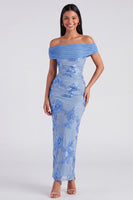 Laden Sie das Bild in den Galerie-Viewer, Off-the-shoulder gelbes, bodycon-appliquiertes Maxi-Blumenkleid mit Schlitz